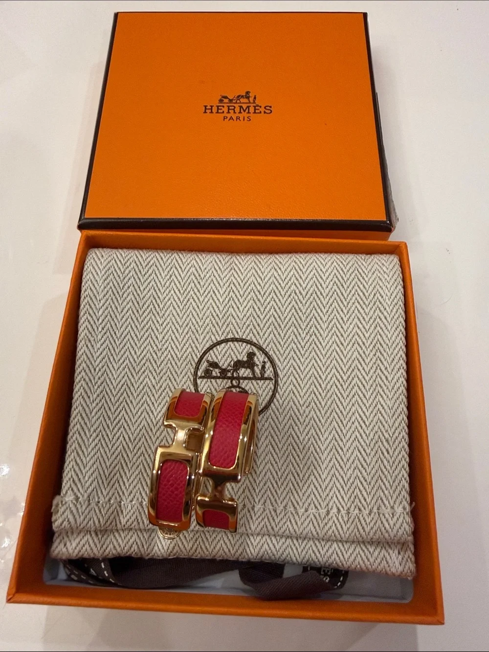 Hermes Pink Enamel H Cuff with Gold Hardware